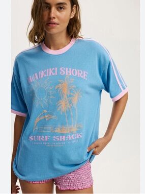 Cotton On Blue Tee with Pink Trim and Orange Graphic
